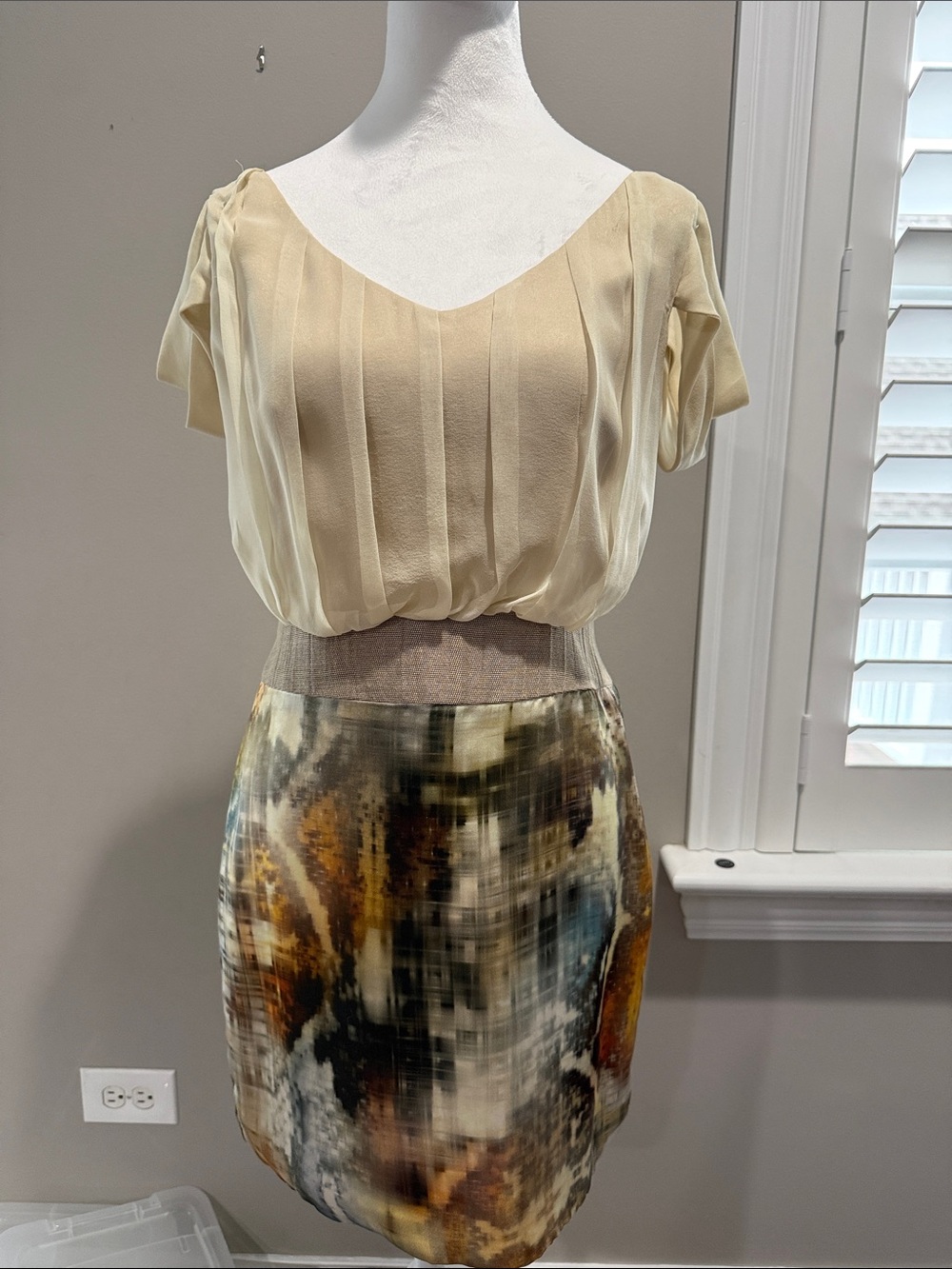 Black Halo Cream silk Top with Abstract Multicolor silk Skirt Dress